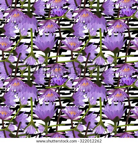 Floral seamless pattern on black stripes ornament. Tropical flowers Lotus on a white background. Photo abstract collage from purple water lilies summer flowers background.