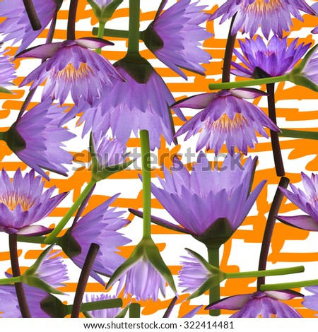 Purple lotus on white background. Seamless floral pattern with tropical flowers water lilies on geometric ornament. Yellow stripes background. Realistic photo collage with beautiful flowers