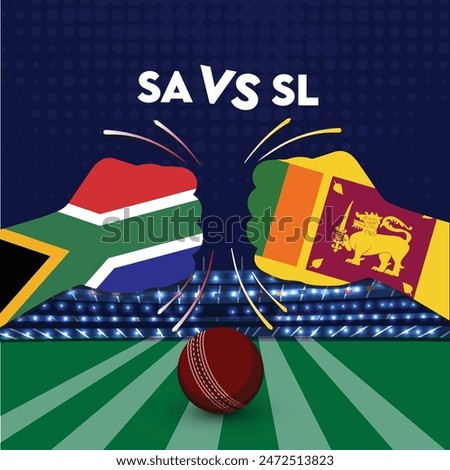 South Africa vs Sri Lanka Match , Sri Lanka vs South Africa cricket match ,Cricket match concept with creative illustration of participants clashing style hands on stadium