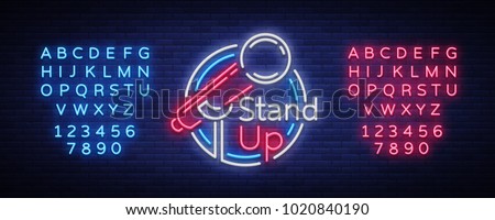 Stand Up Comedy Show is a neon sign. Neon logo, bright luminous banner, neon poster, bright night-time advertisement. Stand up show. Invitation to the Comedy Show. Vector. Editing text neon sign Stockfoto © 