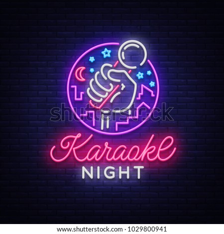 Karaoke night vector. Neon sign, luminous logo, symbol, light banner. Advertising bright night karaoke bar, party, disco bar, night club. Live music. Design template