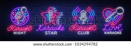 Karaoke set of neon signs. Collection is a light logo, a symbol, a light banner. Advertising bright night karaoke bar, party, disco bar, night club. Live music. Design template. Vector illustration