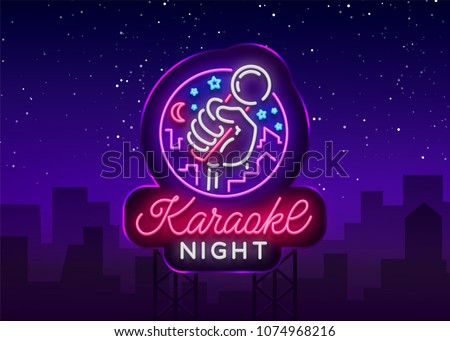 Karaoke night vector. Neon sign, luminous logo, symbol, light banner. Advertising bright night karaoke bar, party, disco bar, night club. Live music. Design template. Billboard
