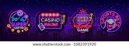 Casino collection of neon signs. Design template in neon style. Slot Machines, Poker Online Bright Logo Character, Winning Jackpot, Web Banner, Nightly Casino Advertising. Vector. Billboard 商業照片 © 