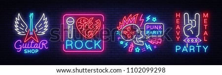 Rock Music collection Neon Signs Vector. Rock music set logos, Guitar Shop, night neon signboard, design element invitation to Rock party, concert, festival, night bright advertising. Vector