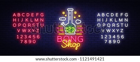 Bong Shop neon sign. Logo design template for shop advertising or signage. Tobacco Smoking Apparatus. Vector illustration. Editing text neon sign