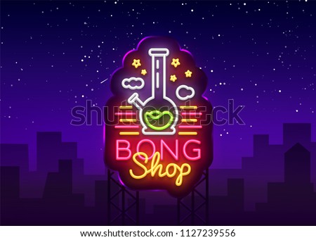 Bong Shop neon sign. Logo design template for shop advertising or signage. Tobacco Smoking Apparatus. Vector illustration. Billboard