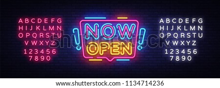 Now Open neon signs vector. Now Open Design template neon sign, light banner, neon signboard, nightly bright advertising, light inscription. Vector illustration. Editing text neon sign