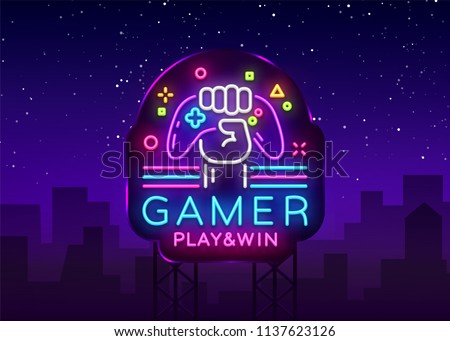 Gamer Play Win logo neon sign Vector logo design template. Game night logo in neon style, gamepad in hand, modern trend design, light banner, bright nightlife advertisement. Vector Billboard