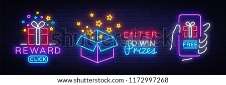 Prizes collection Neon Sign Vector. Gift neon sign, Win super prize design template, modern trend design, night neon signboard, night bright advertising, light banner, light art. Vector illustration