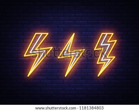 Lightning bolt set neon signs. Vector design template. High-voltage neon symbol, light banner design element colorful modern design trend, night bright advertising, bright sign. Vector illustration