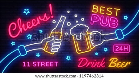 Cheers Neon Banner Vector. Party celebration in pub, neon sign, design template, modern trend design, night neon signboard, night bright advertising, light banner, light art. Vector illustration