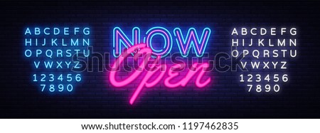 Now Open neon text vector design template. Now Open neon logo, light banner design element colorful modern design trend, night bright advertising, bright sign. Vector. Editing text neon sign