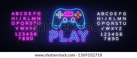 Gaming neon sign vector. Play Design template neon sign, light banner, neon signboard, nightly bright advertising, light inscription. Vector illustration. Editing text neon sign