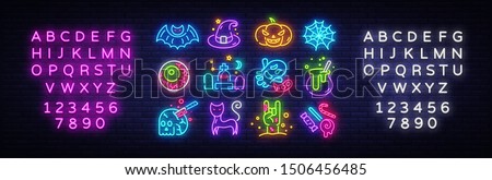 Halloween neon icons set. Happy Halloween collection neon signs. Bright sign boards, light banner. Modern trend design, night light signboard, emblems, design template. Vector Illustration