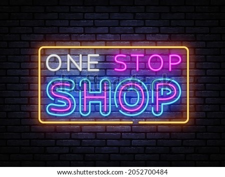 One Stop Shop neon sign vector. Shoping Design template, light banner, night signboard, nightly bright advertising, light inscription. Vector illustration