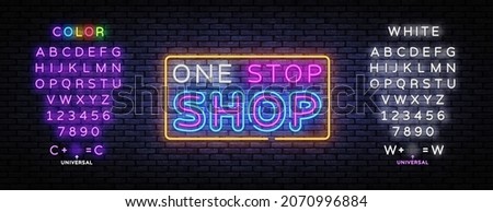 One Stop Shop neon sign vector. Shoping Design template, light banner, night signboard, nightly bright advertising, light inscription. Vector illustration. Editing text neon sign