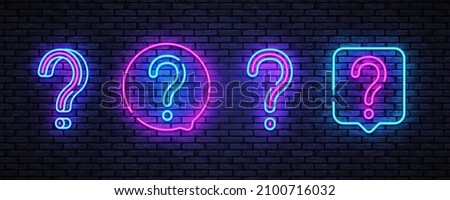 Modern question neon, great design for any purposes. Ask help sign. Blue background. Question neon on light background. Exclamation mark. Vector modern banner. Game frame