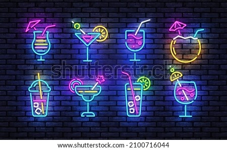 Cocktails neon icons set. Cocktails collection neon signs. Bright sign boards, light banner. Modern trend design, night light signboard, emblems, design template. Vector Illustration