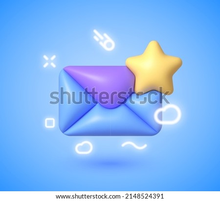 Email Favorites 3d Neon in 3d style on blue background. 3d render illustration. Isolated vector illustration. Business icon. Message notification icon. Render new email notification