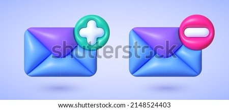 Mail 3d for paper design. Mail Plus and Minus. Render new email notification. Vector illustration design