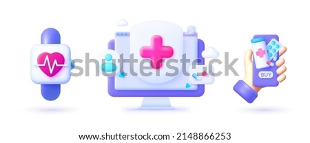 Medical 3d illustration set. Pulse smart, great design for any purposes. Pharmacy vector graphic. Collection for web design. Vector illustration