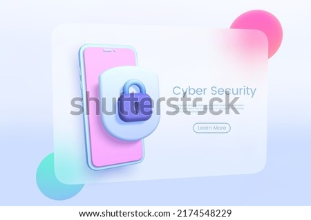 Cyber Security Glassmorphism in 3d style on light background. 3d glassmorphism for web background design. Vector Illustration