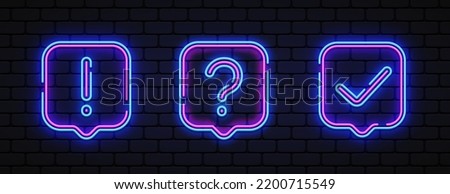 Modern question neon, great design for any purposes. Ask help sign. Blue background. Check mark, info neon on light background. Exclamation mark. Vector illustration