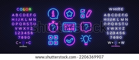 Quiz neon icons set. Quiz Time neon signs design template. Bright signboard, light banner, Isolated icon. Vector Illustration