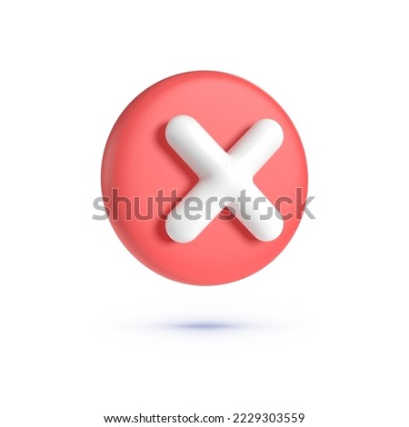 Close, delete button. 3d button on white backdrop. Cross symbol. 3d vector icon. Cartoon minimal style. 3d vector render concept