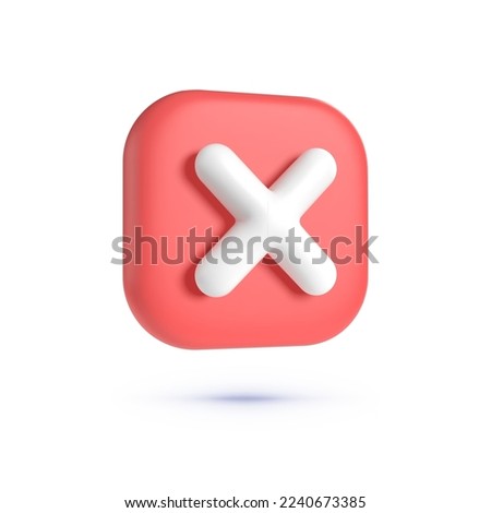 Close, delete button. 3d button on white backdrop. Cross symbol. 3d vector icon. Cartoon minimal style. 3d vector render concept