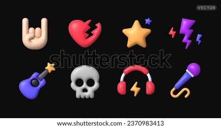 Rock and Roll 3D icon set, great design for any purposes. Included the icons as rocker, leather boy, concert, song, musician, heart, guitar and more. Vector illustration