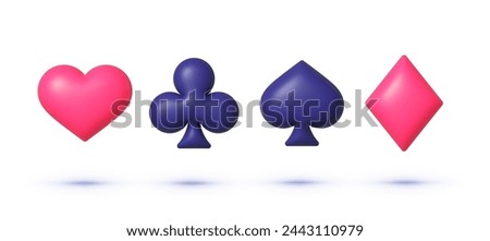 Playing cards symbols 3d on white background. Poker heart ace spade, diamond casino card symbol. Vector illustration