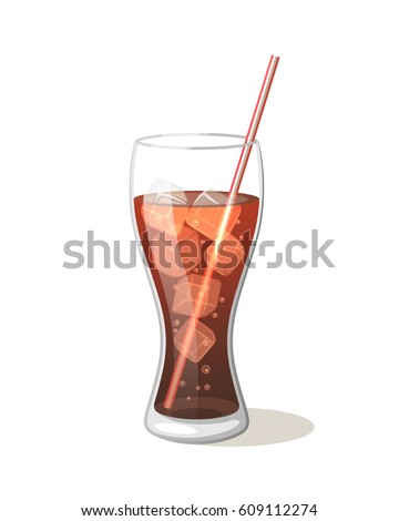 Cola drink in a glass cup with ice with sticks Vector Illustration on a white background. Aerated drink sweet symbol icon Glass for your projects.