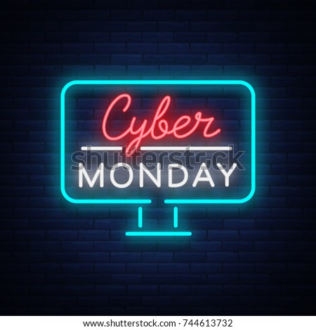 Cyber Monday, discount sale concept illustration in neon style, online shopping and marketing concept, vector illustration. Neon luminous signboard, bright banner, luminous advertisement