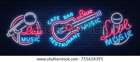 Live music set of neon signs vector logos, poster, emblem for live music festivals, music bars, karaoke, night clubs. Collection of templates for flyers, banners, invitations, brochures and covers.