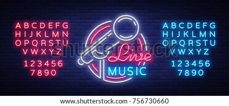 Live musical vector neon logo, sign, emblem, symbol poster with microphone. Bright banner poster, neon bright sign, nightlife club advertising, karaoke, bar. Editing text neon sign.