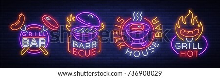 Grill is a set of neon-style logos. Vector illustration on the theme of food, meat of the same. Collection of neon signs, Grill bar, restaurant, snack bar, dining room. Barbecue, Steak House