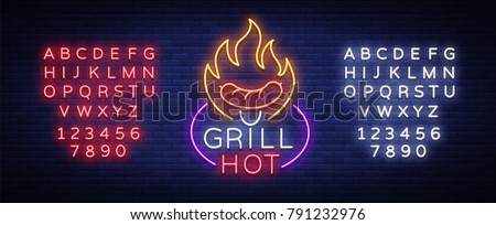 Grill logo in a neon style. Vector illustration on the theme of food, meat of the same. Neon sign, bright symbol, Grill bar, restaurant, snack bar, dining room. BBQ party. Editing text neon sign