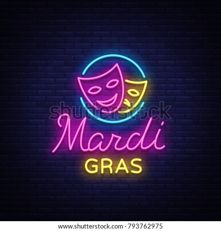 Mardi Grav is a neon sign. Bright glowing banner, luminous sign, bright neon billboard, night neon advertising of carnival. Fat Tuesday Design template, greeting card, flyer. Vector illustration