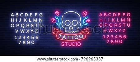 Tattoo salon logo vector. Neon sign, symbol of a skull with roses, bright luminous billboard, neon bright advertising on a theme of tattoo, for tattoo of salon, studio. Editing text neon sign