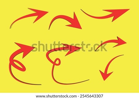 red curved arrow on bright yellow background, minimalist design, modern graphic illustration for direction, progress, navigation, business concept, bold red arrow symbol with shadow effect