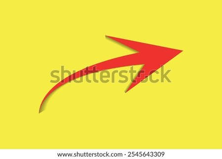 red curved arrow on bright yellow background, minimalist design, modern graphic illustration for direction, progress, navigation, business concept, bold red arrow symbol with shadow effect