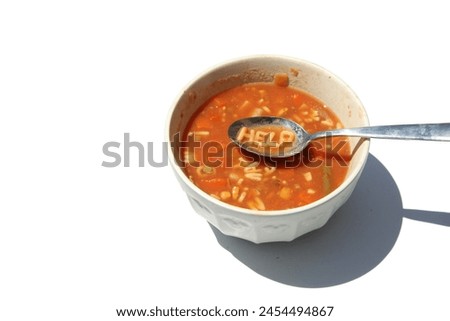 Similar – Image, Stock Photo spoon with letters soup noodles in a white soup plate next to semolina gnocchi and carrot german text hair