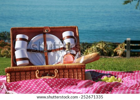 A Picnic at the beach with Wine, French Bread, Green Grapes, Mozzarella Cheese, Wine Glasses, Wicker Picnic Basket, Pink Pokka dot Cloth, Plates, Cups, Green Grass and the Blue Ocean.