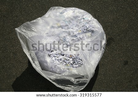 Confetti Shredded paper in a trash bag. The best way to keep safe from Identity Fraud is to confetti shred your important discarded documents. ID fraud is a rising form of theft world wide