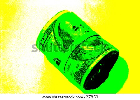 pop art version of one hundred dollar bills rolled up and held together with a rubber band on a yellow and white background
