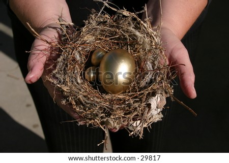 golden eggs in a bird nest being held by a pair of hands representing finincial freedom and security in the image of a Nest Egg