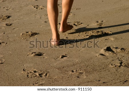 an unknown person walks along the beach in the soft sand leaving his or her foot prints