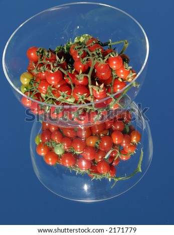 Fresh picked cherry tomatos from my garden on a mirror with a blue sky in a glass bowl